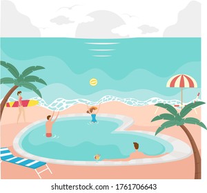 Beach pool vector concept: people relaxing and playing at the swimming pool near the beach