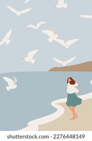 cartel de playa clipart, arte de la pared costera, ilustración de la pareja vectorial imprimible, imagen clip del faro del león de la gaviota volando, imágenes de descarga digital al estilo de dibujos animados planos.