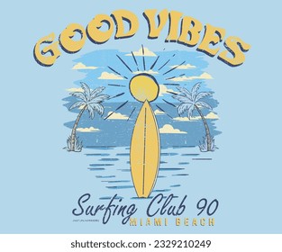 Diseño de la impresión en la playa para prendas de vestir, pegatinas, fondo y otros. Club de surf. El paraíso del surf. Sólo buenas vibraciones. 