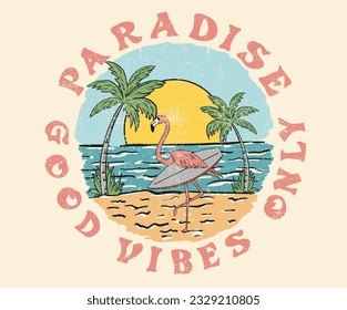 Beach print design for t-shirt.  Surfing club vector artwork. Miami beach. Good vibes. Palm tree, Flamingo. 