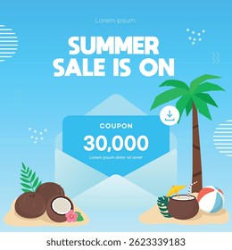 Beach Promo Coupon Illustration with Coconut and Palm Tree