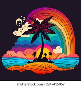 Playa con arcoiris y palmeras. Vista de la naturaleza en ilustraciones vectoriales de arte psicodélico. Fondo colorido. Vector eps 10.