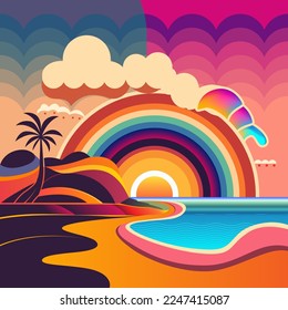 Playa con arcoiris y palmeras. Vista de la naturaleza en ilustraciones vectoriales de arte psicodélico. Fondo colorido. Vector eps 10.