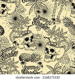 Beach Rave Seamless Pattern Vintage Monochrome Tropical Cocktail In Shape Skull Among Palm Trees And Summer Paradise Logo Vector Illustration