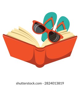 Beach read illustration with open book sunglasses and flip flops suitable for relaxing reading and vacation themes