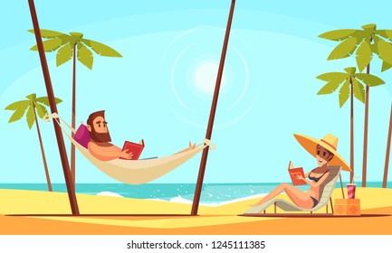 Beach reading background with sand palms and sea flat vector illustration