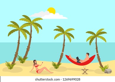 Beach reading background with sand palms. Freelance man, working and lying in hammock, sunshine and weather, set of freelance workers collection. Vector illustration.