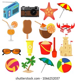 Beach recreation set: photo camera, starfish, ball, volleyball, cocktail, coconut, citrus, fruit, radio, glasses, cream, crab, sand castle, palm trees, ice cream, umbrella, bucket, shovel. 