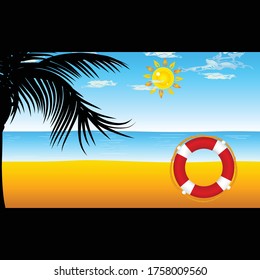 beach with red live saver vector and palm tree