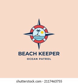 Beach with red safeguard ring and compass emblem badge vector illustration. Bay watch beach patrol logo icon sign symbol design concept svg