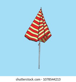 Beach red striped closed umbrella, hand drawn doodle, sketch in pop art style,  vector illustration