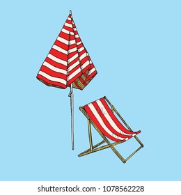 Beach red striped closed umbrella and deck chair, beach furniture set, hand drawn doodle, sketch in pop art style, color vector illustration