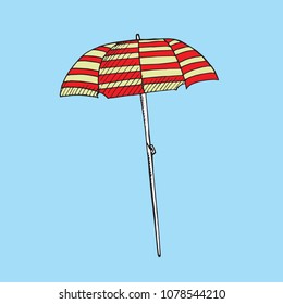 Beach red striped open umbrella, hand drawn doodle, sketch in pop art style, vector illustration