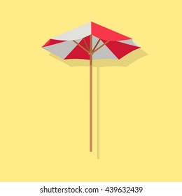 Beach red white umbrella with shadow. Sun parasol icon isolated. Vector Illustration