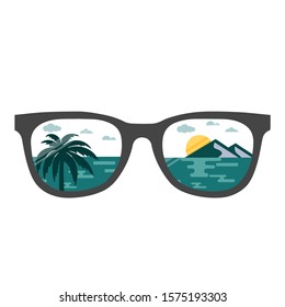 Beach reflection in glasses  mountains