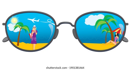 Beach reflection sunglasses. Reflection of the sea, beach, palm trees, sunbathing girl and airplane in the sky