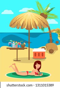 Beach relax cartoon vector color illustration. Sea resort. Hotel outdoor activities. Girl sunbathing on sand under beach umbrella and drink cocktails. Holidaymaker, tourist flat character. Summertime