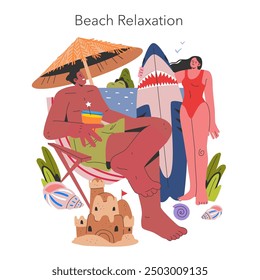 Beach Relaxation concept. Leisure time with sunbathing and sandcastles on a seaside retreat. Holiday vibe with carefree moments under the sun. Vector illustration.