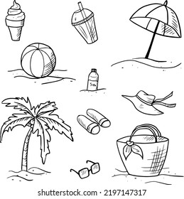 Beach. Relaxation. Entertainment. Beach Doodle. Ball. Sun Umbrella. Tan. Summer Sketch. Flip Flops. Hat.