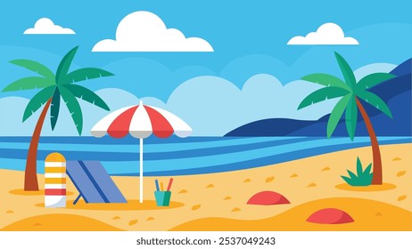 Beach Relaxation Scene With Palm Trees and Umbrella