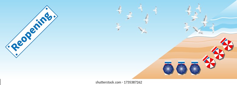 Beach Reopening Banner. Summer beach, sea and beach items. Seagulls fly in blue sky over sea waves. Reopening - text on plate. After coronavirus COVID-19 lockdown. Vector illustration EPS10. Copyspace