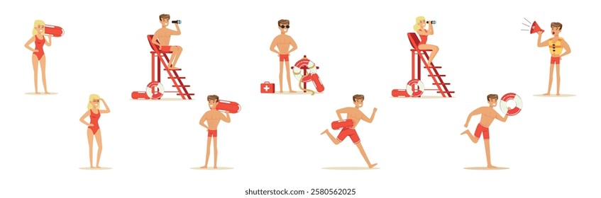 Beach Rescue Man and Woman Character Performing Duties Vector Set