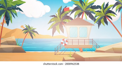 Beach rescue post. Beach, palm trees, lifebuoy. Cartoon style, vector illustration.