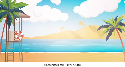 Beach with a rescue post. Summer illustration in cartoon style.