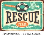 Beach rescue team vintage tin sign layout. Retro vector poster for life guard service.
