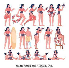 Beach Rescuer In Action Set. Female Lifeguard Assisting First Aid To A Person At The Pool Or By The Sea. Drowning People Saving. Summer Holidays Recreation Set. Flat Vector Illustration