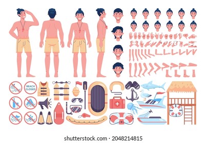 Beach rescuer constructor set. Male lifeguard assisting first aid to a person at the pool or by the sea. Drowning people saving. Summer holidays recreation set. Flat vector illustration