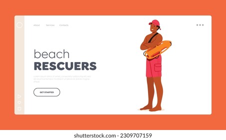 Beach Rescuer Landing Page Template. Experienced Lifeguard Male Character Ensuring Safety. Highly Skilled In Cpr, First Aid And Swift Response In Emergency Situations. Cartoon Vector Illustration