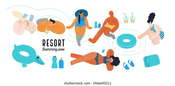 Actividades de los complejos turísticos de playa, moderna ilustración vectorial plana