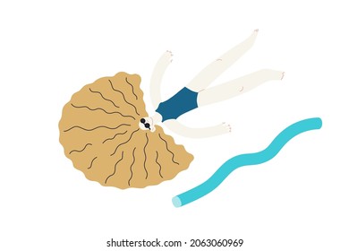 Beach resort activities. Modern outlined flat vector concept illustration of a woman wearing swimsuit, swimming in pool, with rubber noodles
