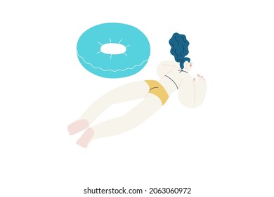 Beach resort activities. Modern outlined flat vector concept illustration of a woman wearing swimsuit, swimming in pool, with a ubber ring