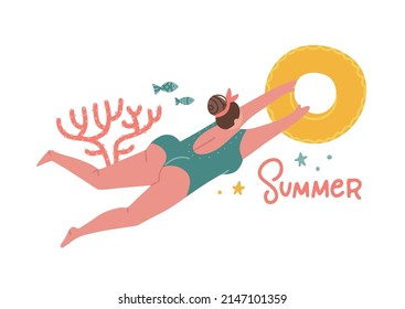 Beach resort activity. Modern concept illustration of a woman wearing swimsuit, swimming in sea with rubber ring. Flat hand drawn vector trint template for t-shirts with lettering word Summer.