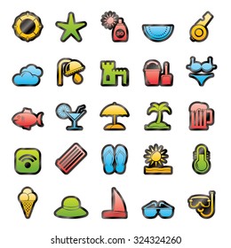 Beach, resort and entertainment icons - vector icon set