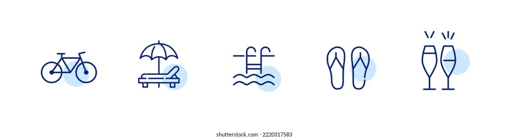 Beach resort icons. Bicycle, umbrella, lounge chair, swimming pool, flip flops and champagne. Pixel perfect, editable 