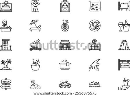 Beach resort icons collection is a vector illustration with editable stroke.