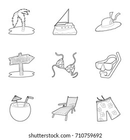 Beach resort icons set. Outline set of 9 beach resort vector icons for web isolated on white background