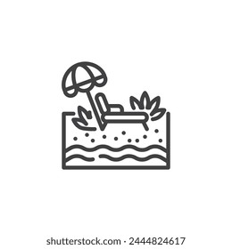 Beach Resort line icon. linear style sign for mobile concept and web design. Beach resort with palm trees and lounge outline vector icon. Tropical vacations symbol, logo illustration. Vector graphics