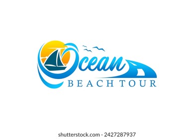 Beach resort logo with elements of waves and dhow ship silhouette at sunset. A pleasant trip while on holiday on a beautiful island.