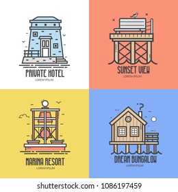 Beach resort logo and labels collection. Sea hotel icon set for tourist travel agency UI applications. Summer seaside vacation icons and logotypes templates in line art style.