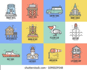 Beach resort logo and labels collection. Seaside town places and infrastructure icons for tourist travel agency UI applications. Summer sea vacation icon set in line art. Logotype templates.