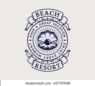 Beach resort logo with seashell. Elegant vintage emblem isolated on white background. Vector template.