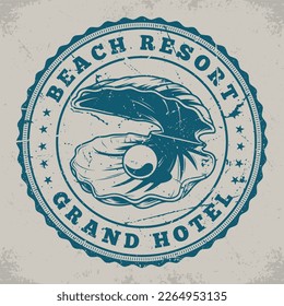 Sello de vintage monocromo de resort de playa con concha abierta con perla preciosa para isla soleada con ilustración vectorial de grand hotel