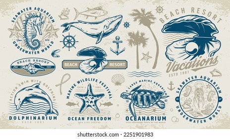 Beach resort set emblems colorful with ocean animals or shells for advertising travel agencies and holidays bureaus vector illustration