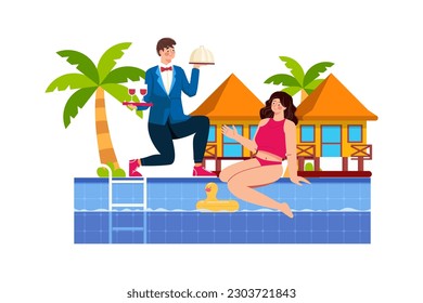Beach resort staff serving cocktails and snacks by the pool.