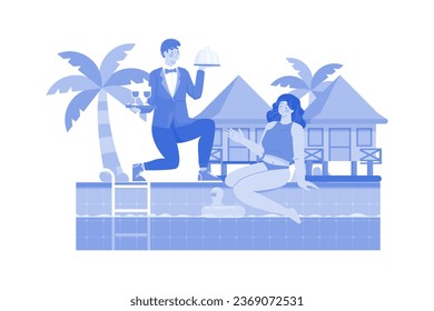 Beach resort staff serving poolside drinks.