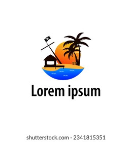 beach resort and summer with palm tree, sun, shack, chest, and pirate flag logo design vector illustration